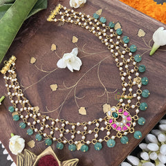 Vriksham Traditional Floral Pendant 3 Layer Pearl Kundan Jadau Neckpiece-Pastel Green Bead-J3459