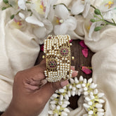 Vriksham Multistrand Pearl Bangles with Floral Kundan Centerpiece-Screw Type Bangles-G19913