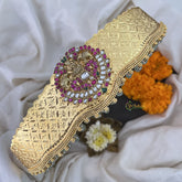 Vriksham Lakshmi With Dual Elephant Pendant Kundan Jadau Hipbelt-Aqua Green Beads-J3429