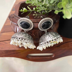 Vriksham Oxidized Silver Jhumkas with Black Onyx Studs and White Pearl Drops Jhumka Earrings-S1136