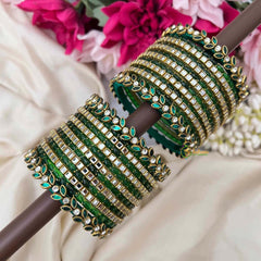 Vriksham Vibrant Green With Leaf-Patterned Kemp Kadas Glass Bangles Set-G21766