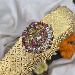 Vriksham Lakshmi With Dual Elephant Pendant Kundan Jadau Hipbelt-Aqua Green Beads-J3429