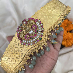 Vriksham Lakshmi With Dual Elephant Pendant Kundan Jadau Hipbelt-Aqua Green Beads-J3429