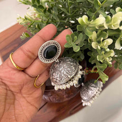 Vriksham Oxidized Silver Jhumkas with Black Onyx Studs and White Pearl Drops Jhumka Earrings-S1136