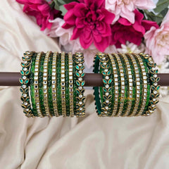 Vriksham Vibrant Green With Leaf-Patterned Kemp Kadas Glass Bangles Set-G21766