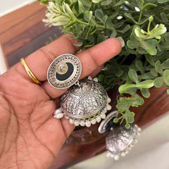Vriksham Oxidized Silver Jhumkas with Black Onyx Studs and White Pearl Drops Jhumka Earrings-S1136