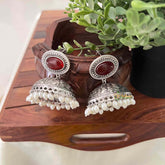 Vriksham Oxidized Silver Jhumkas With Red Onyx Studs and White Pearl Drops Jhumka Earrings-S1137