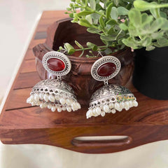 Vriksham Oxidized Silver Jhumkas With Red Onyx Studs and White Pearl Drops Jhumka Earrings-S1137