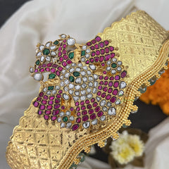 Vriksham Dual Peacock Pendant Kundan Jadau Hipbelt-Aqua Green Beads-J3430