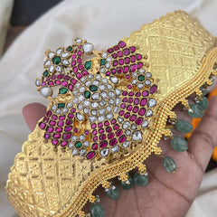 Vriksham Dual Peacock Pendant Kundan Jadau Hipbelt-Aqua Green Beads-J3430