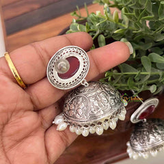 Vriksham Oxidized Silver Jhumkas With Red Onyx Studs and White Pearl Drops Jhumka Earrings-S1137