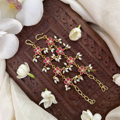 Vriksham Floral Kundan Jadau Single Strand Maatil-Red White-Rice Pearls-J3425