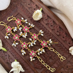 Vriksham Floral Kundan Jadau Single Strand Maatil-Red White-Rice Pearls-J3425
