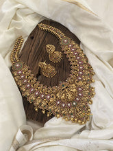 Layered Gold Look Alike Temple Mid Length Haram -Maanga Lakshmi Haram-Red Green-Gold Bead-G11330