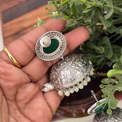 Vriksham Oxidized Silver Jhumkas With Green Onyx Studs and White Pearl Drops Jhumka Earrings-S1138