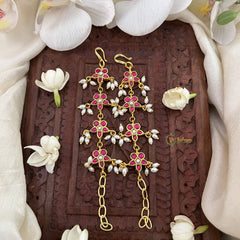 Vriksham Floral Kundan Jadau Single Strand Maatil-Red White-Rice Pearls-J3425