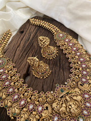 Layered Gold Look Alike Temple Mid Length Haram -Maanga Lakshmi Haram-Red Green-Gold Bead-G11330