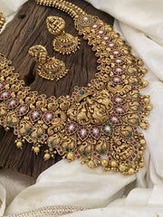 Layered Gold Look Alike Temple Mid Length Haram -Maanga Lakshmi Haram-Red Green-Gold Bead-G11330