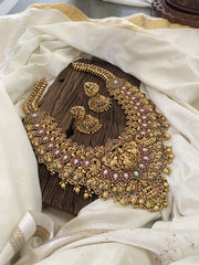 Layered Gold Look Alike Temple Mid Length Haram -Maanga Lakshmi Haram-Red Green-Gold Bead-G11330