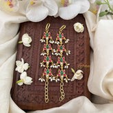 Vriksham Lotus Kundan Jadau Single Strand Maatil-Red Green & White-Rice Pearls-J3424