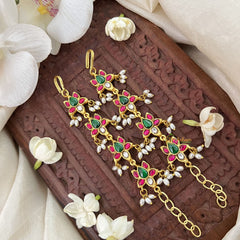 Vriksham Lotus Kundan Jadau Single Strand Maatil-Red Green & White-Rice Pearls-J3424