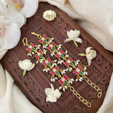 Vriksham Unique Lotus Kundan Jadau Single Strand Maatil-Red Green & White-Rice Pearls-J3422