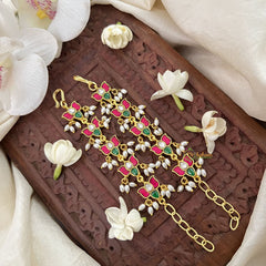 Vriksham Unique Lotus Kundan Jadau Single Strand Maatil-Red Green & White-Rice Pearls-J3422