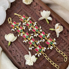 Vriksham Unique Lotus Kundan Jadau Single Strand Maatil-Red Green & White-Rice Pearls-J3422