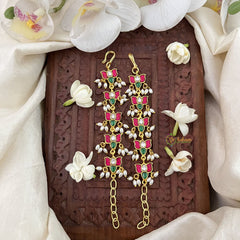 Vriksham Unique Lotus Kundan Jadau Single Strand Maatil-Red Green & White-Rice Pearls-J3422