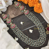 Vriksham Unique Three pendant Kundan Jadau Green Beaded Maala Neckpiece-Pearl-J3374