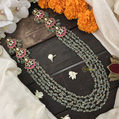 Vriksham Unique Three pendant Kundan Jadau Green Beaded Maala Neckpiece-Pearl-J3374