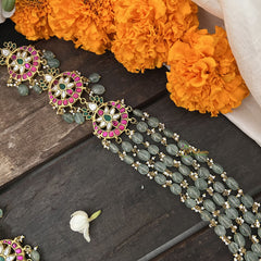 Vriksham Unique Three pendant Kundan Jadau Green Beaded Maala Neckpiece-Pearl-J3374