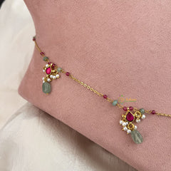 Vriksham Designer Diva Pendant Gold Chain Kundan Jadau Neckpiece-Red-Pastel Green Bead-J3460