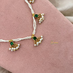 Vriksham White Beaded Kundan Jadau Short Mala-Green-White Beads-J3435