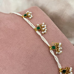 Vriksham White Beaded Kundan Jadau Short Mala-Green-White Beads-J3435