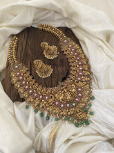 Layered Gold Look Alike Temple Haram -Maanga Lakshmi Haram-Pastel Green Bead-G11331