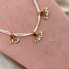 Vriksham White Beaded Kundan Jadau Short Mala-Red-White Beads-J3436