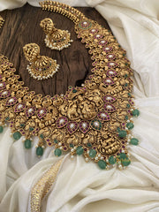 Layered Gold Look Alike Temple Haram -Maanga Lakshmi Haram-Pastel Green Bead-G11331