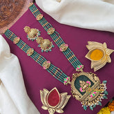 Lakshmi Pendant Gold Look Leaf 4 Layered Green Beaded Mala-Red Green-Vriksham-G22501