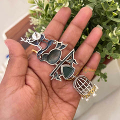 Vriksham Dual-Tone Silver Gold Deer and Bird Dangles & Emerald Jhumka Earrings-S1135