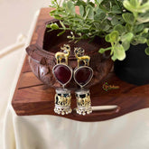 Vriksham Dual Tone Deer & Elephant Motif Jhumkas With Red Teardrop Stone Earrings-S1090