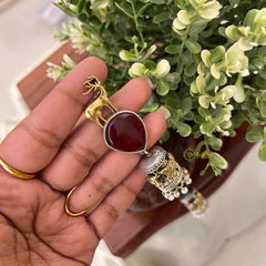 Vriksham Dual Tone Deer & Elephant Motif Jhumkas With Red Teardrop Stone Earrings-S1090