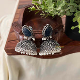 Vriksham Navy Blue Teardrop Stud With Filigree Silver Bell and Pearl Drops Jhumkas Earrings-S1097