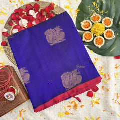 Vriksham Blue With Gold Zari Peacock Designs Pink Border Silk Cotton Saree-VS4639
