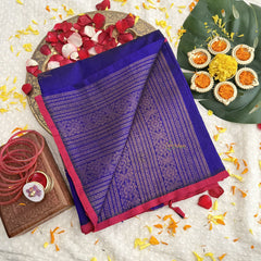 Vriksham Blue With Gold Zari Peacock Designs Pink Border Silk Cotton Saree-VS4639