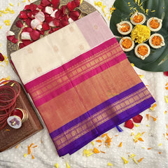 Vriksham White With Pink Gold Zari Purple Border Silk Cotton Saree-VS4638