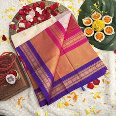 Vriksham White With Pink Gold Zari Purple Border Silk Cotton Saree-VS4638