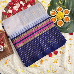 Vriksham Light Gary & Dark Blue Border With Gold Accents Silk Cotton Saree-VS4633