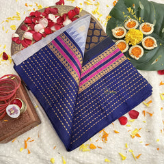 Vriksham Light Gary & Dark Blue Border With Gold Accents Silk Cotton Saree-VS4633