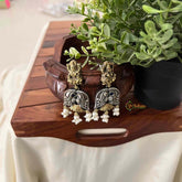 Vriksham Goddess Lakshmi Dual Tone Dangles Earrings-Blue White-Pearls-S1096